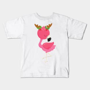 Christmas Flamingo, Pink Flamingo, Antlers, Bird Kids T-Shirt